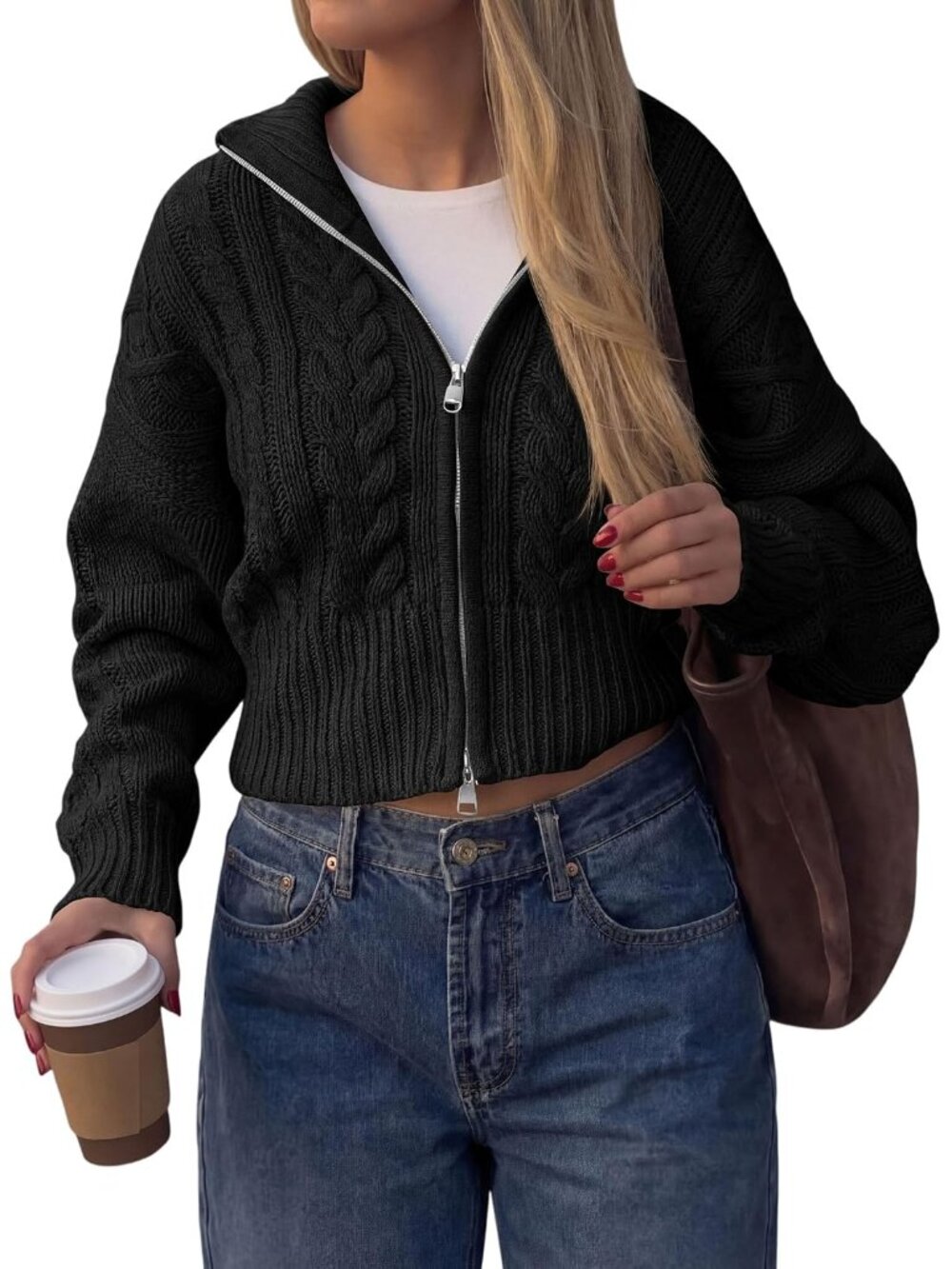 Women's Zip-Up Cable Knit Cropped Cardigan for Fall & Winter